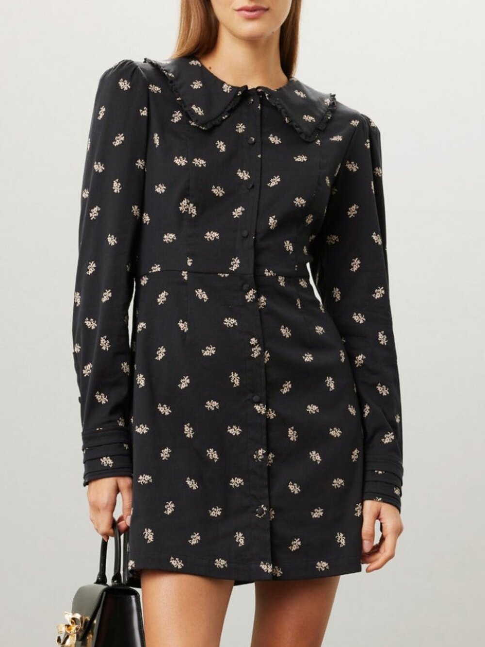 New Hill House Hazel Cotton Wide Collar Floral Dress Black Beige Small